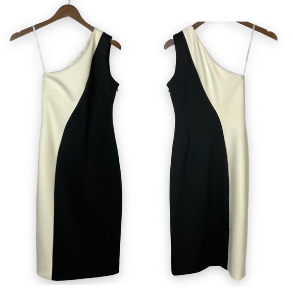 Calvin Klein | Black & Ivory Colorblock One Shoulder Scuba Cocktail Sheath Dress - Picture 2 of 6